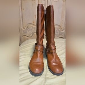 Brown Riding Boots Size 5 Knee High Faux Leather Buckle Zip